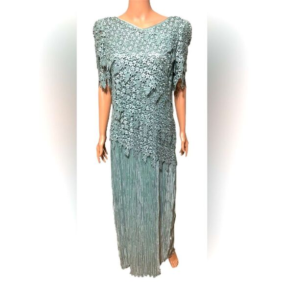 Cattiva Vintage Sage Green Lace Formal Dress Size 10 Gown Made in USA - Picture 2 of 10